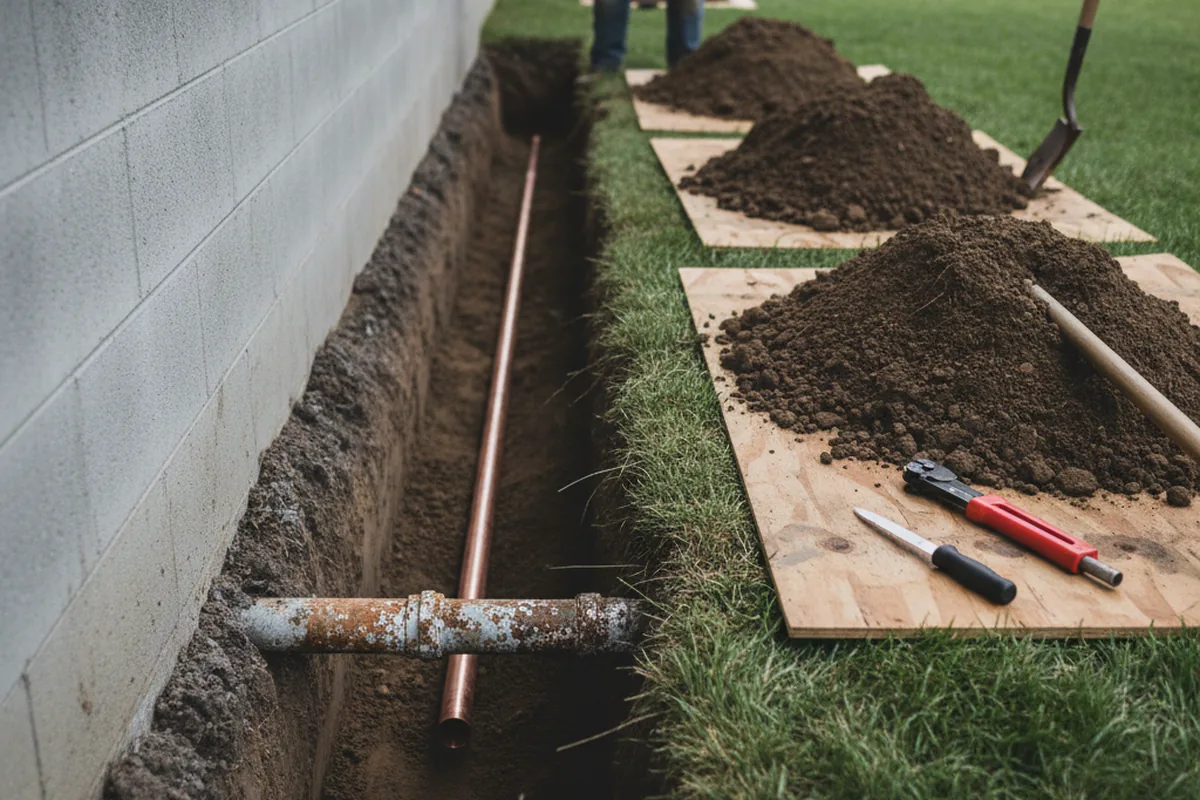 Excavated water line trench during Sewer Line Repair in Roxbury